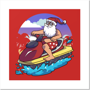Hawaiian Christmas Santa Claus Jet Skiing Posters and Art